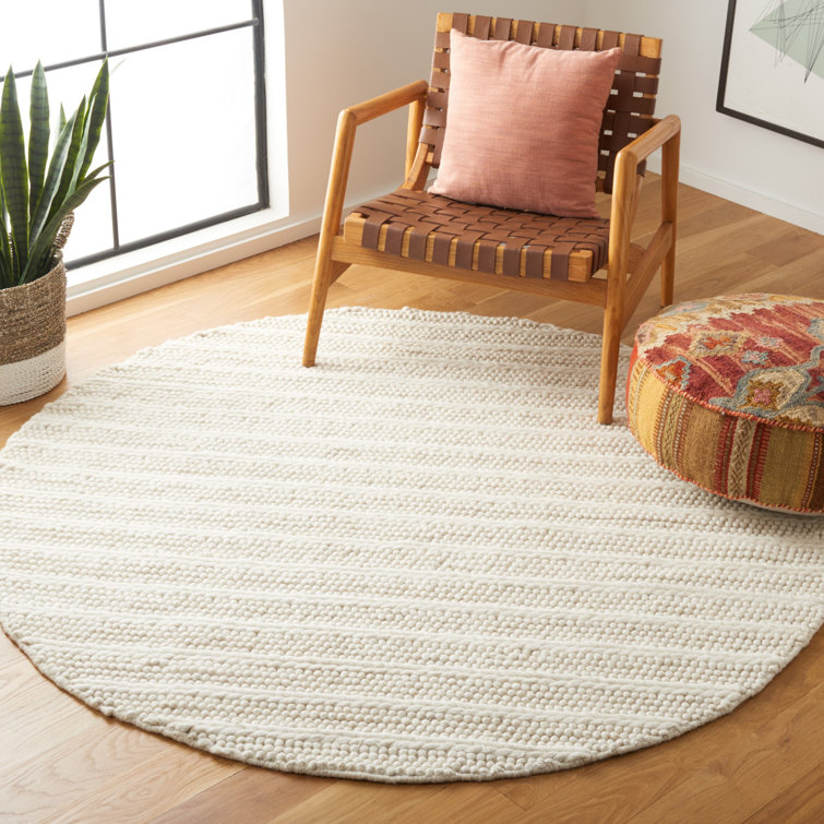 Ivory Round Flat Woven Wool and Cotton Rug