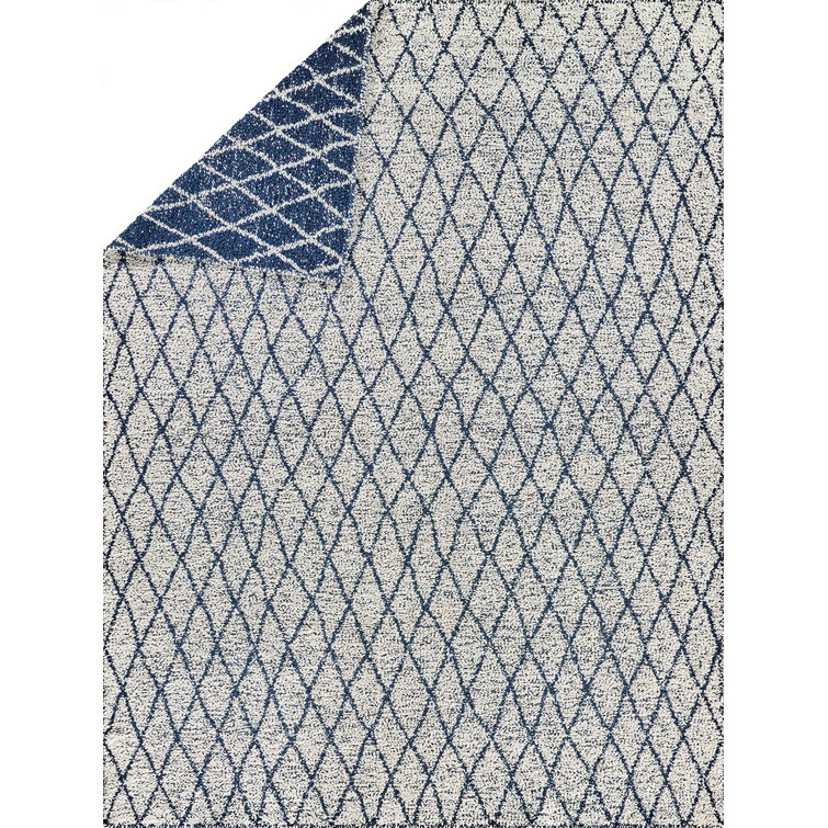 Ivory and Navy Geometric Flat Woven Synthetic Rug 3' x 5'