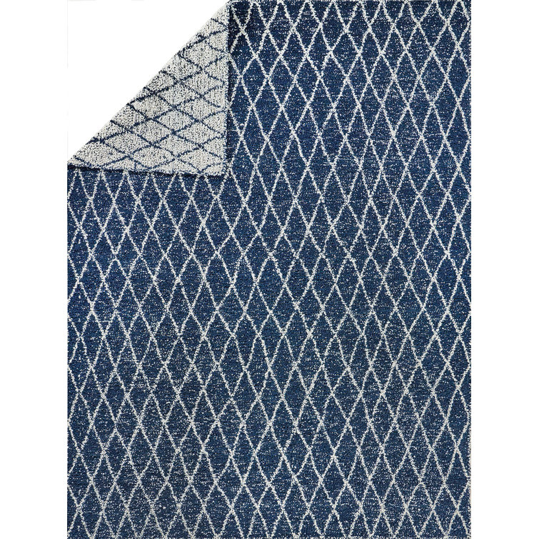 Ivory and Navy Geometric Flat Woven Synthetic Rug 3' x 5'