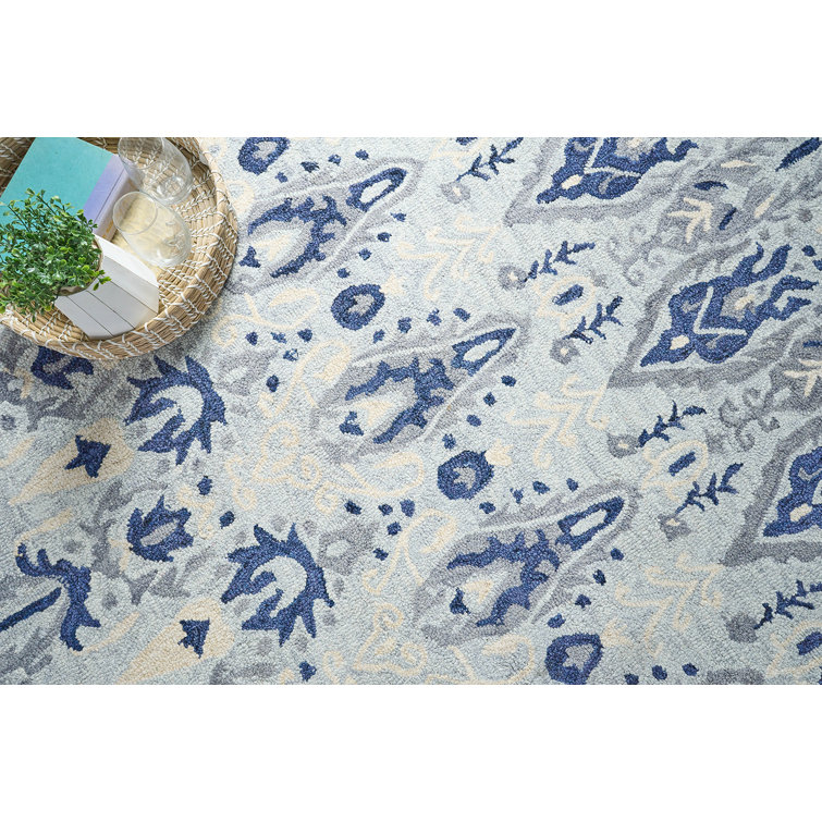 Light Blue and Gray Hand Tufted Wool Rectangular Rug