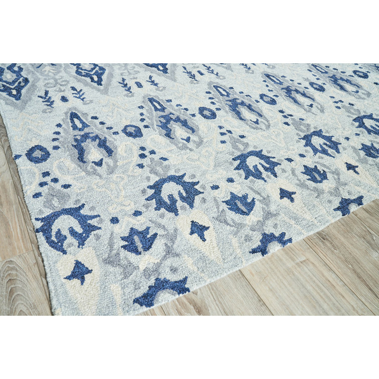Light Blue and Gray Hand Tufted Wool Rectangular Rug