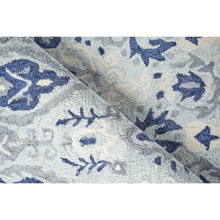 Light Blue and Gray Hand Tufted Wool Rectangular Rug