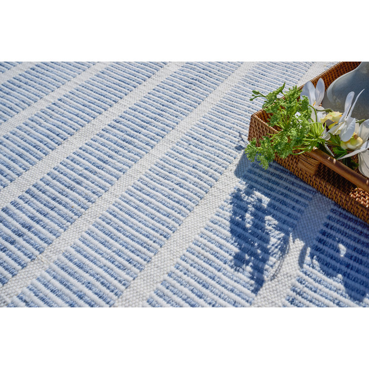 Handmade Light Blue and White Stripe Synthetic 8' x 10' Area Rug