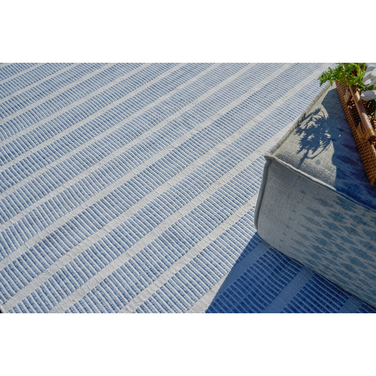 Handmade Light Blue and White Stripe Synthetic 8' x 10' Area Rug