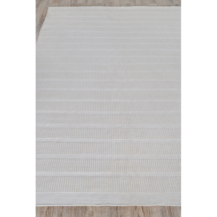 Handmade Light Beige Flat Woven Striped Rectangular Rug