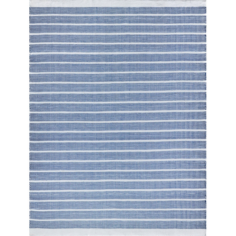 Ivory and Blue Striped Synthetic Handmade 10' x 14' Area Rug