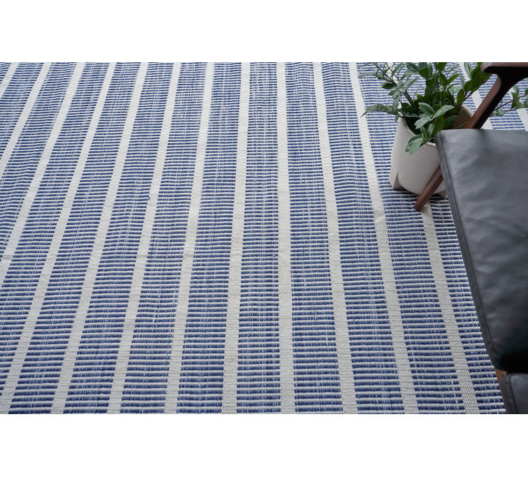 Ivory and Blue Striped Synthetic Handmade 10' x 14' Area Rug