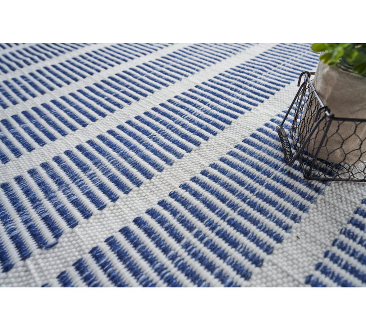 Ivory and Blue Striped Synthetic Handmade 10' x 14' Area Rug