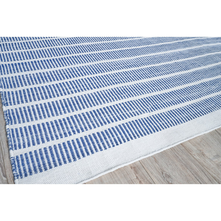 Ivory and Blue Striped Synthetic Handmade 10' x 14' Area Rug