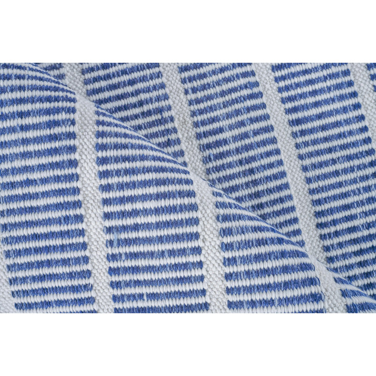 Ivory and Blue Striped Synthetic Handmade 10' x 14' Area Rug