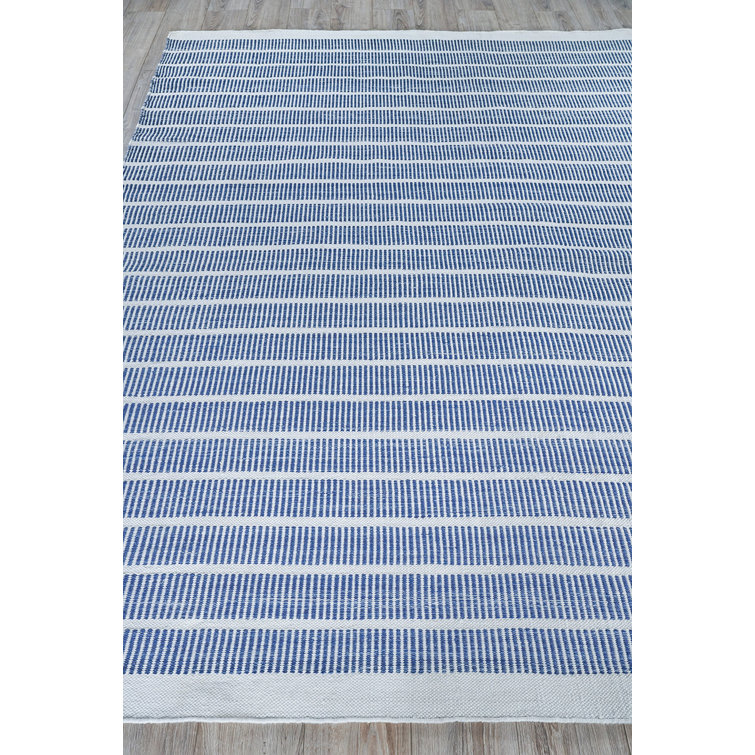 Ivory and Blue Striped Synthetic Handmade 10' x 14' Area Rug
