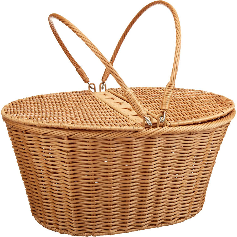 Handwoven Poly-Wicker Oval Picnic Basket with Dual Flip Top