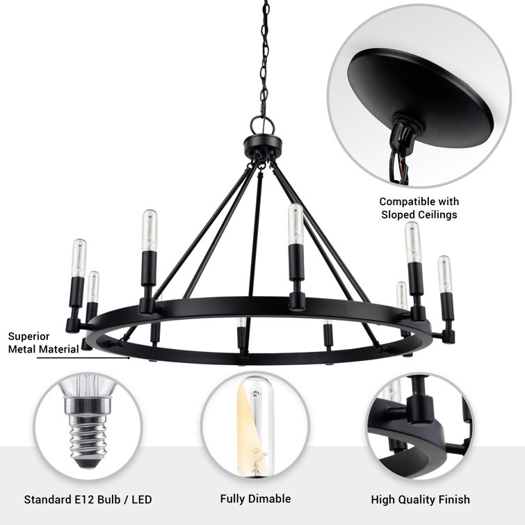 Astra Black Steel 10-Light Wagon Wheel Chandelier