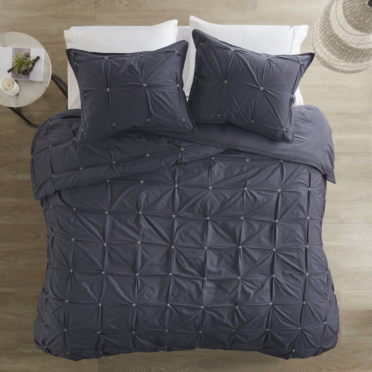 Navy Cotton Pintuck Full/Queen Duvet Cover Set with Shams