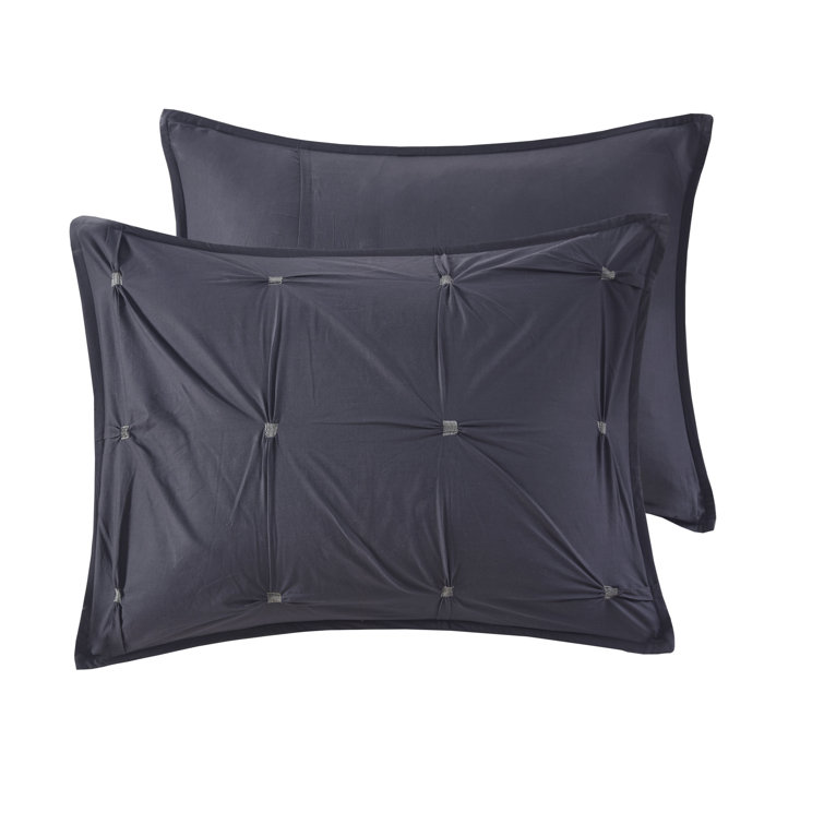 Navy Cotton Pintuck Full/Queen Duvet Cover Set with Shams