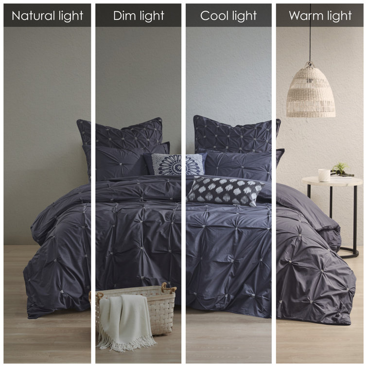 Navy Cotton Pintuck Full/Queen Duvet Cover Set with Shams