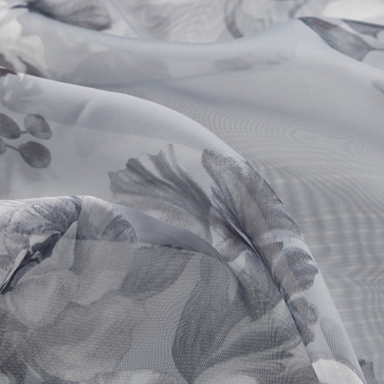 Gray Floral Twist Tab Top Sheer Polyester Curtain Panel