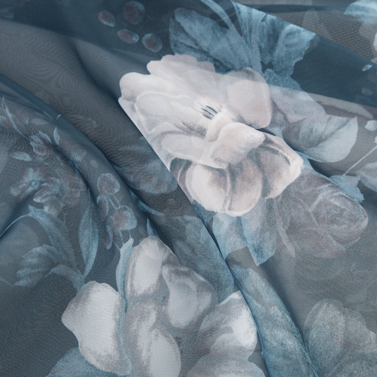 Navy Floral Twist Tab Top Sheer Polyester Curtain Panel