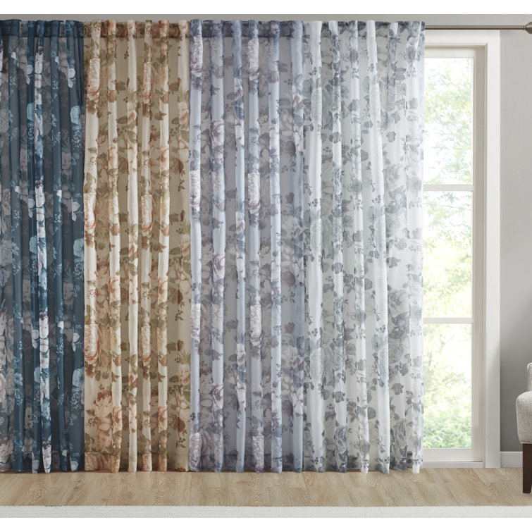 Gray Floral Twist Tab Top Sheer Polyester Curtain Panel