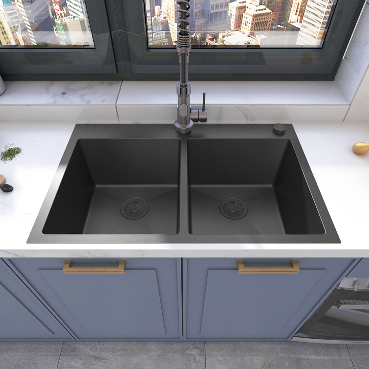 33'' Black Stainless Steel Double Bowl Drop-In Kitchen Sink