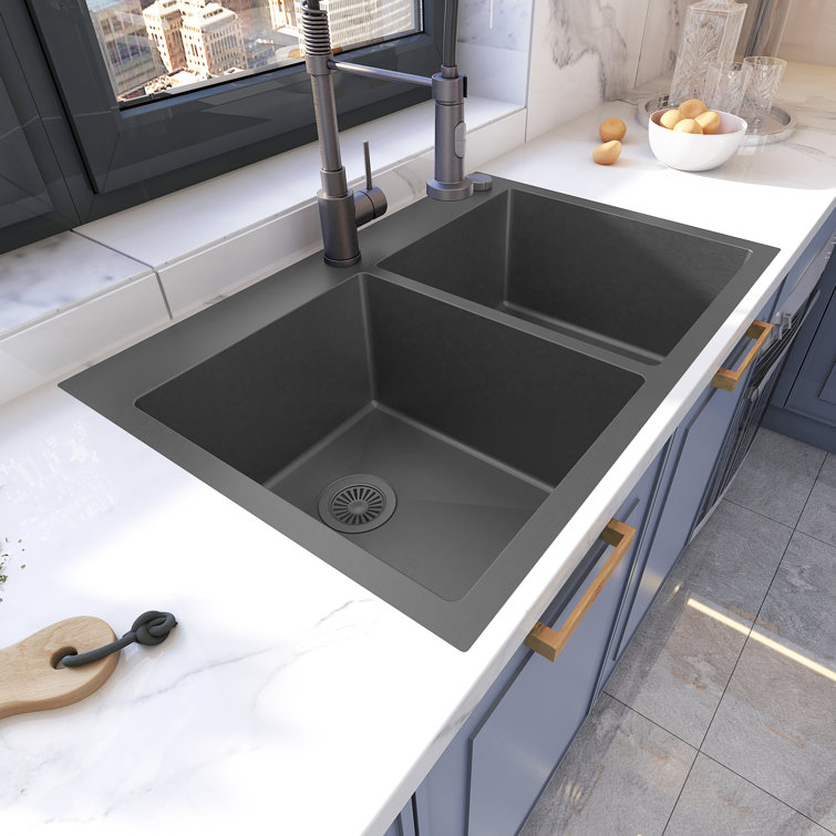 33'' Black Stainless Steel Double Bowl Drop-In Kitchen Sink