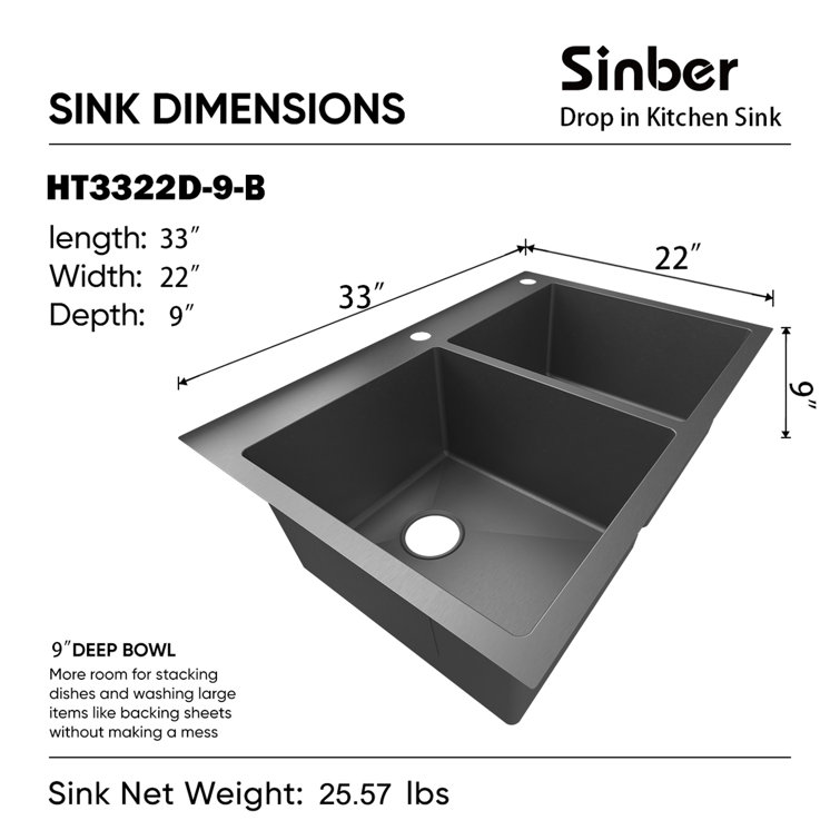 33'' Black Stainless Steel Double Bowl Drop-In Kitchen Sink