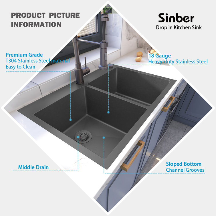 33'' Black Stainless Steel Double Bowl Drop-In Kitchen Sink