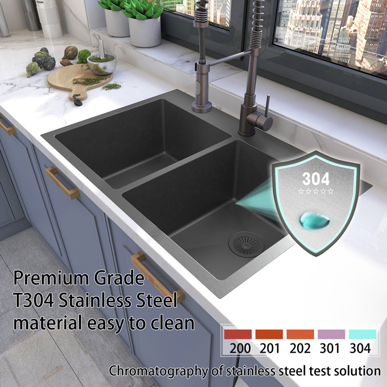 33'' Black Stainless Steel Double Bowl Drop-In Kitchen Sink
