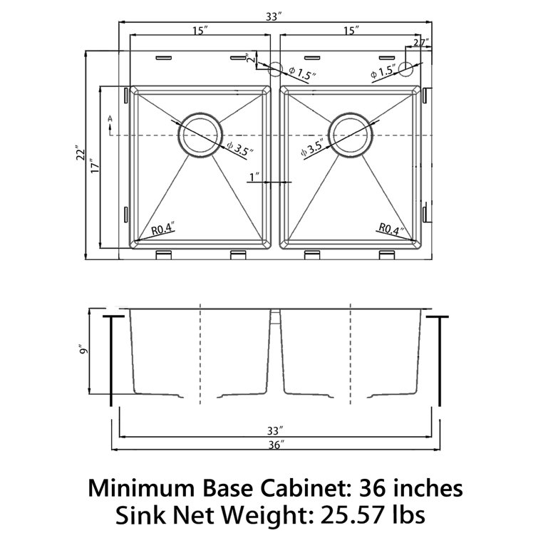 33'' Black Stainless Steel Double Bowl Drop-In Kitchen Sink