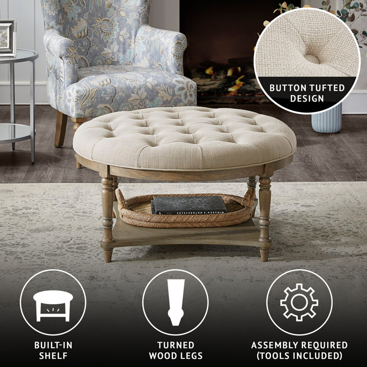 Elegant Cedric Tufted Round Ottoman with Storage in Cream
