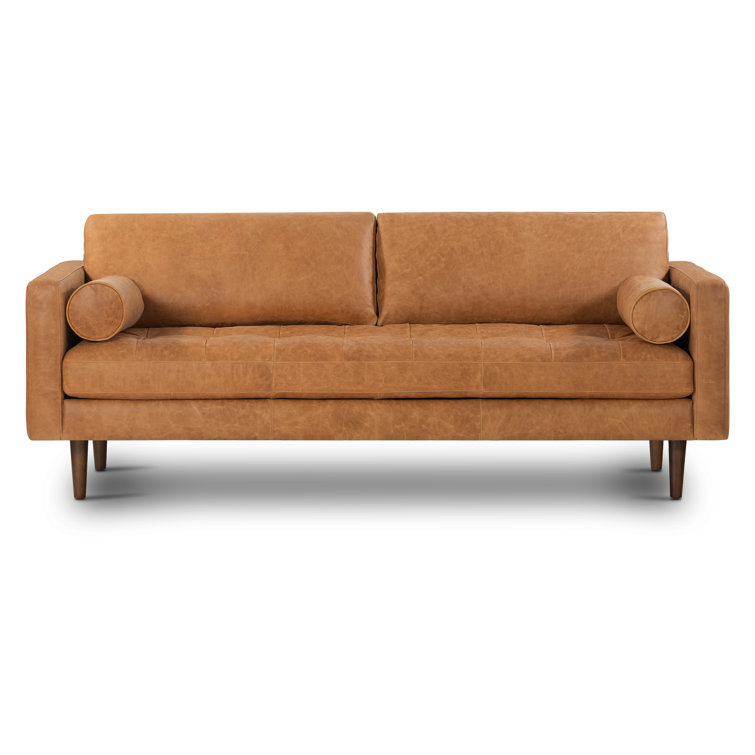 Cognac Tan Leather Tufted Sofa with Solid Wood Legs