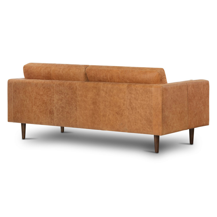 Cognac Tan Leather Tufted Sofa with Solid Wood Legs
