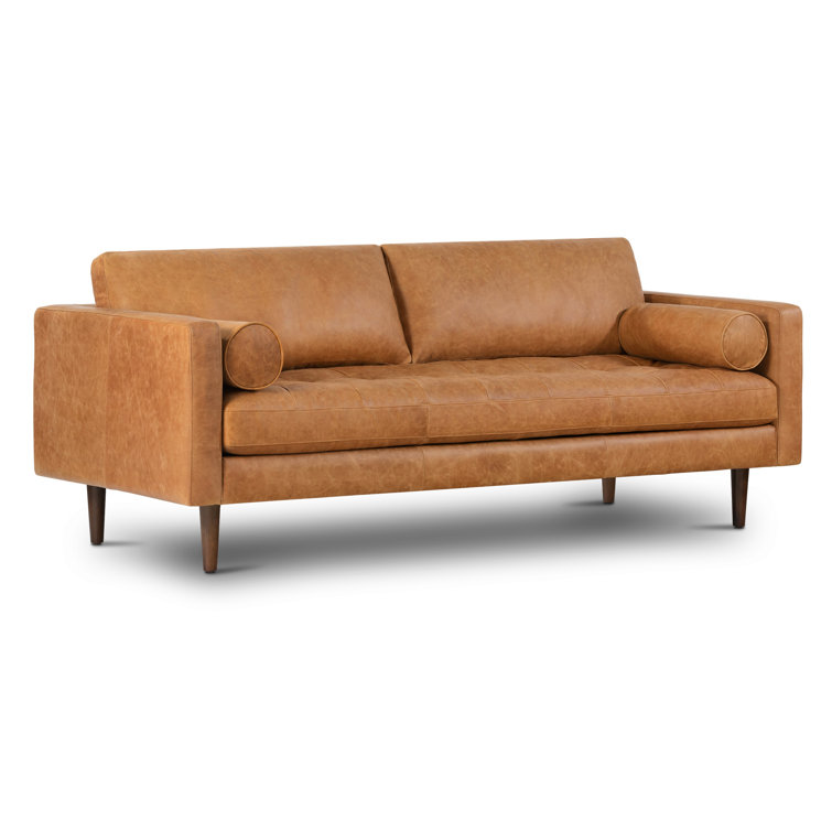 Cognac Tan Leather Tufted Sofa with Solid Wood Legs