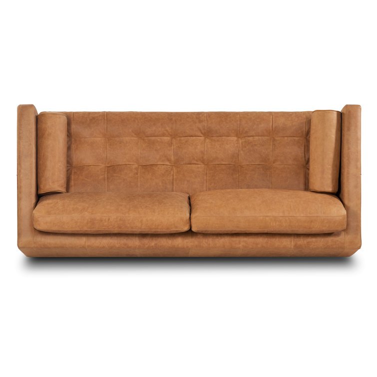 Cognac Tan Leather Tufted Sofa with Solid Wood Legs