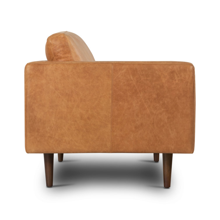 Cognac Tan Leather Tufted Sofa with Solid Wood Legs