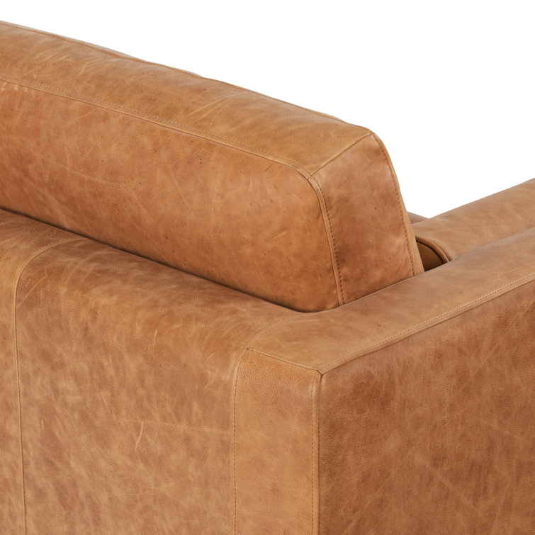 Cognac Tan Leather Tufted Sofa with Solid Wood Legs
