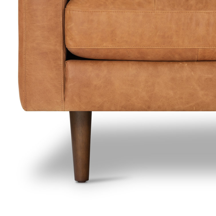 Cognac Tan Leather Tufted Sofa with Solid Wood Legs