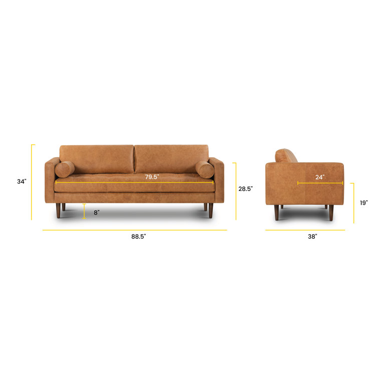 Cognac Tan Leather Tufted Sofa with Solid Wood Legs
