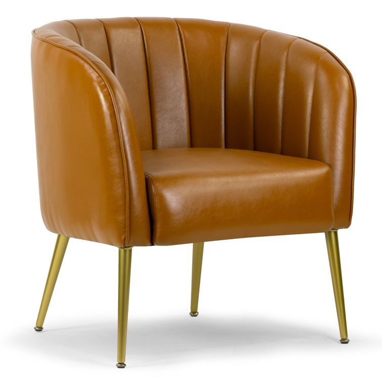 Cappuccino Faux Leather Barrel Accent Chair with Gold Metal Legs