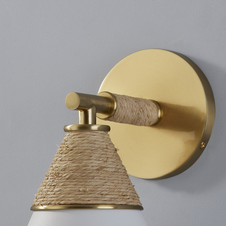 Aged Brass and White Metal Cone Sconce with Rattan Accent