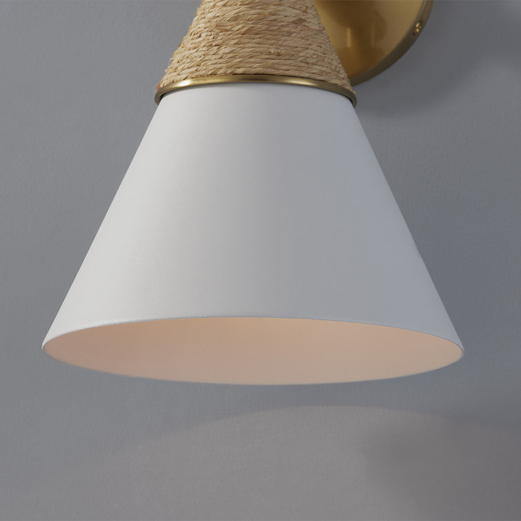 Aged Brass and White Metal Cone Sconce with Rattan Accent