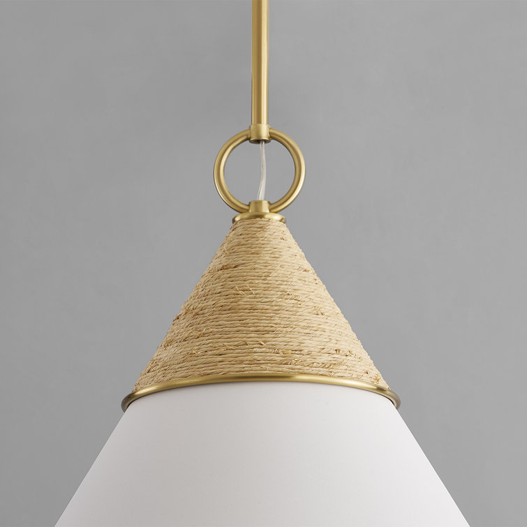 Aged Brass and White Cone Pendant Light with Rattan Accent