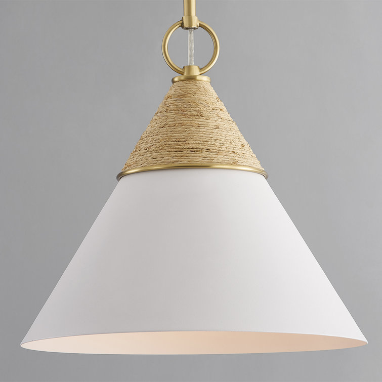 Aged Brass and White Cone Pendant Light with Rattan Accent