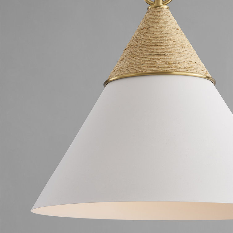Aged Brass and White Cone Pendant Light with Rattan Accent