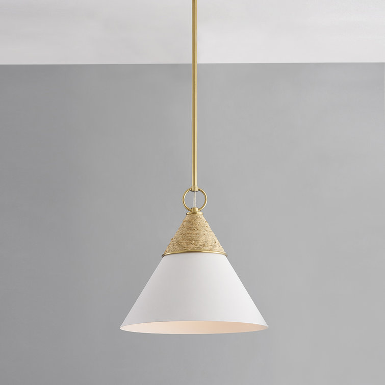 Aged Brass and White Cone Pendant Light with Rattan Accent