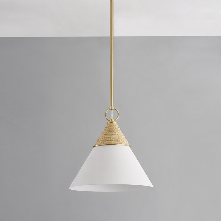 Aged Brass and White Cone Pendant Light with Rattan Accent