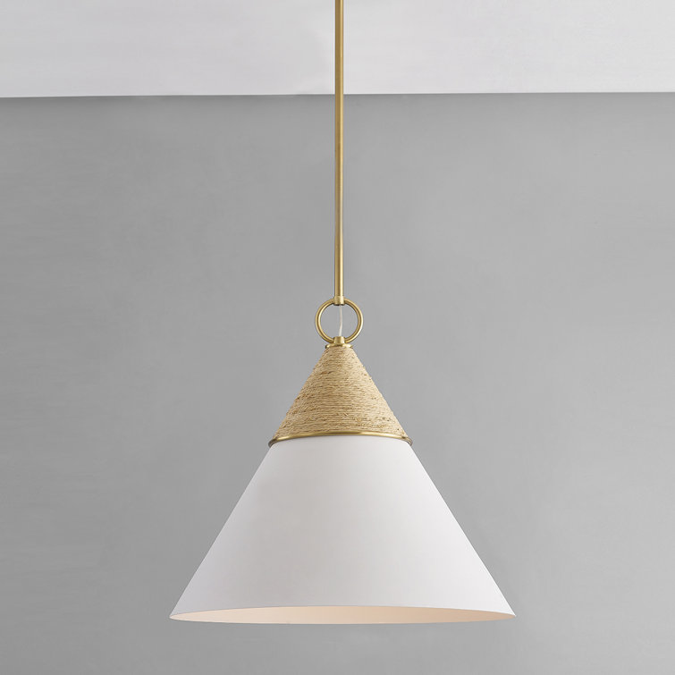 Aged Brass and White Cone Pendant Light with Rattan Accent