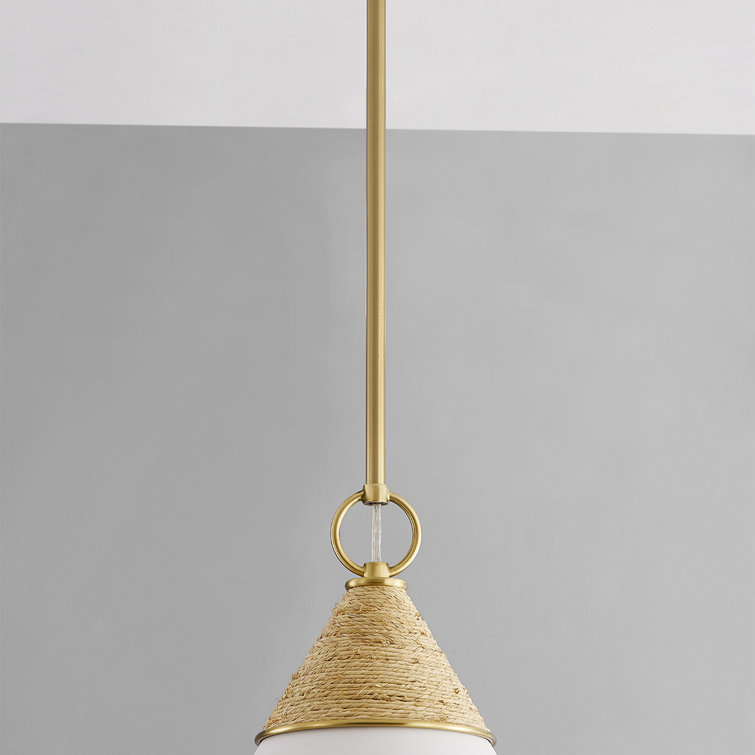 Aged Brass and White Cone Pendant Light with Rattan Accent