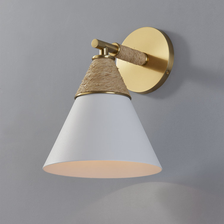 Aged Brass and White Metal Cone Sconce with Rattan Accent