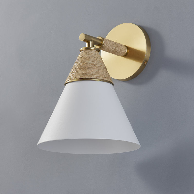 Aged Brass and White Metal Cone Sconce with Rattan Accent